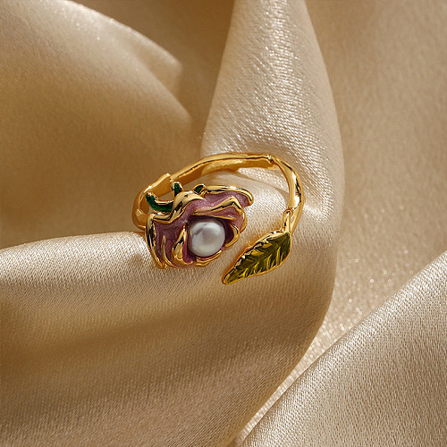 Offene Ringe im Feen-Stil, Retro-Blatt, Blume, Kupfer-Emaille-Beschichtung, Inlay, künstliche Perlen, 18 Karat vergoldet