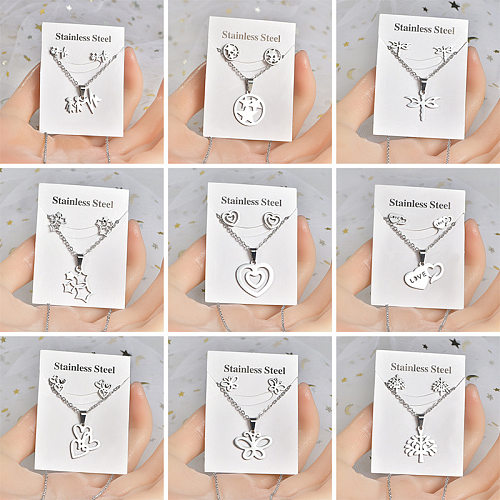 Fashion Letter Heart Shape Solid Color Titanium Steel Hollow Out Earrings Necklace 1 Set