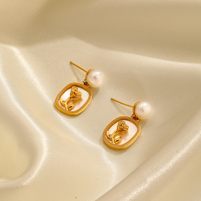 1 Pair Casual Commute Round Square Flower Plating Inlay Copper Pearl Shell 18K Gold Plated Ear Studs