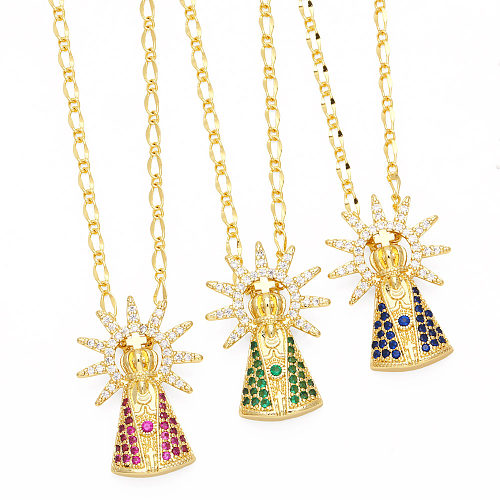 Streetwear-Halskette mit Anhänger, Kreuzkrone, Kupferbeschichtung, Inlay, Zirkon, 18 Karat vergoldet
