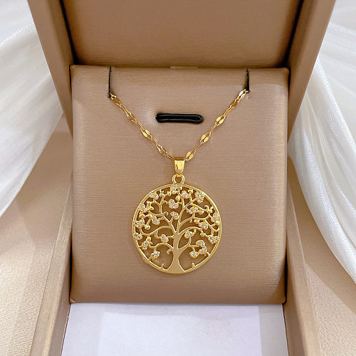 Fashion Round Tree Titanium Steel Copper Plating Hollow Out Inlay Zircon Pendant Necklace