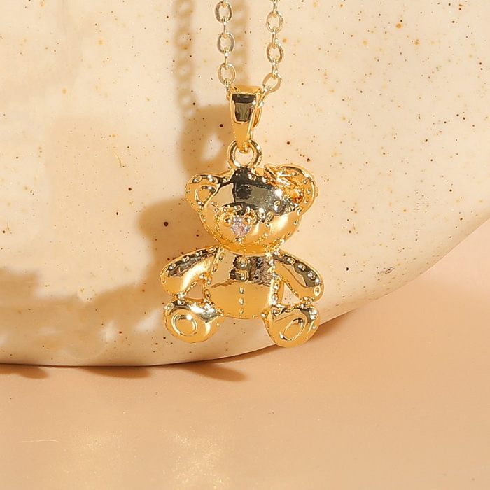 Collier pendentif ours en cuivre plaqué or 14 carats, Style classique élégant, strass artificiels, perles artificielles, en vrac