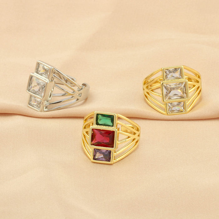 Elegant Shiny Square Copper Plating Inlay Zircon 18K Gold Plated Open Rings