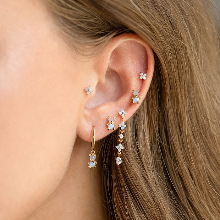 Fashion Bear Flower Brass Ear Studs Inlay Artificial Rhinestones Copper Earrings