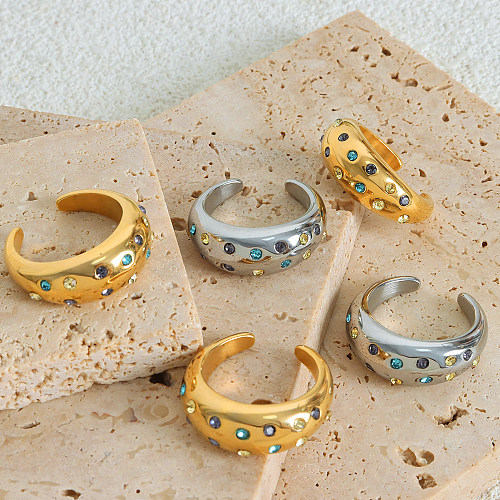 Schlichter, glänzender, geometrischer, offener Ring mit Titanstahlbeschichtung und Zirkoneinlage, 18 Karat vergoldet
