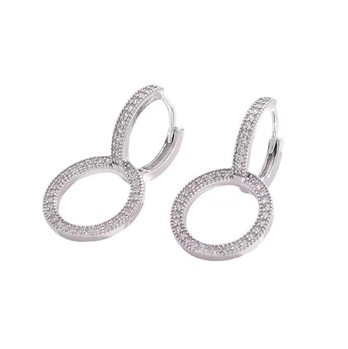 1 paire de boucles d'oreilles en cuivre et diamant artificiel, Style Simple et élégant, Double anneau incrusté de diamants artificiels
