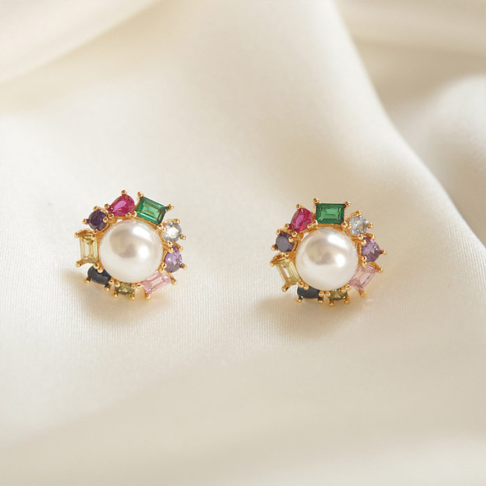 1 Pair Vintage Style Round Inlay Copper Zircon Ear Studs