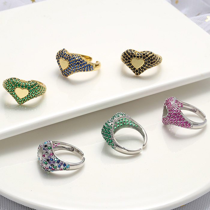 Bague en diamant de couleur cœur pêche micro-incrustée, bague réglable à ouverture en forme de cœur
