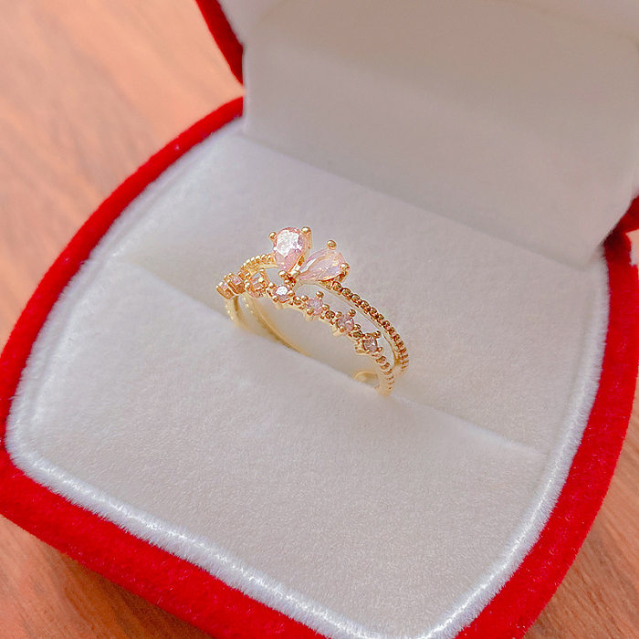 Sweet Flower Copper Artificial Crystal Zircon Open Ring In Bulk