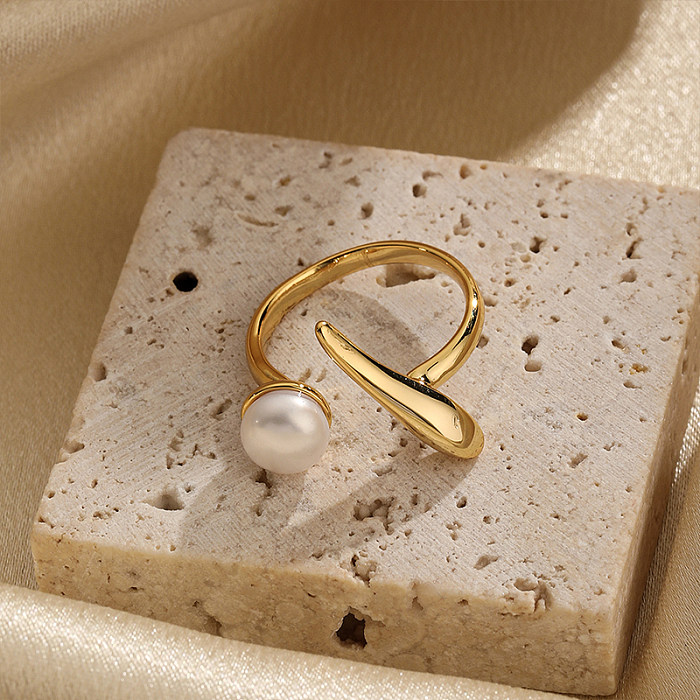 Retro Commute Geometric Copper Plating Inlay Artificial Pearls 18K Gold Plated Open Rings
