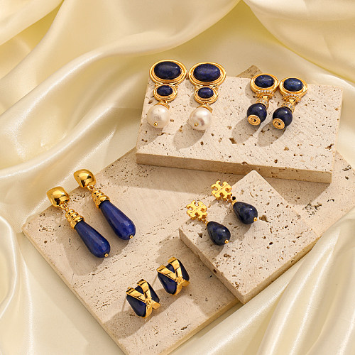 1 paire de boucles d'oreilles ovales de Style britannique, incrustation de perles en cuivre Lapis Lazuli, bijou plaqué or 18 carats
