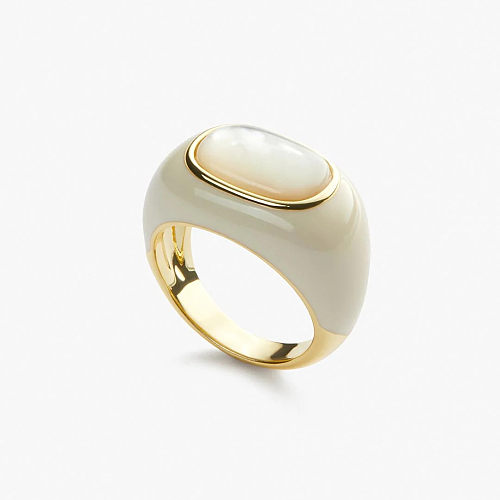 Europeu e americano avançado cobre chapeamento 18k ouro real natural malaquita branco concha gotejamento anel vitrificado minoria anel de moda simples