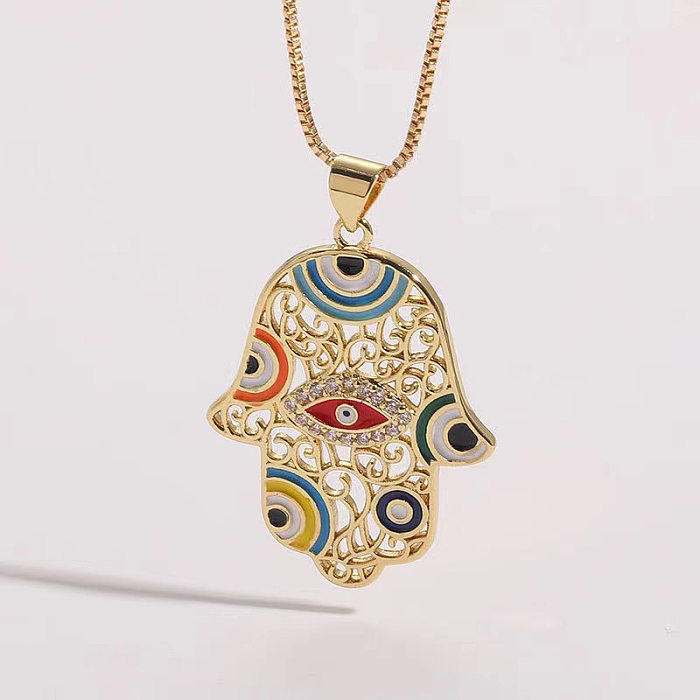 Retro Ethnic Style Devil'S Eye Palm Copper Enamel Plating Inlay Zircon Pendant Necklace