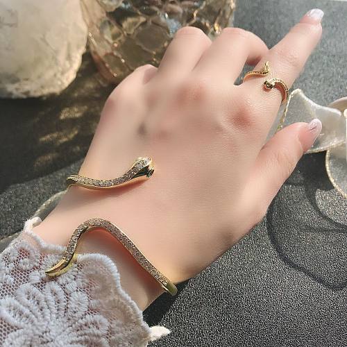 Retro Schlange Kupfer vergoldet Inlay Zirkon Damen Ringe Armbänder