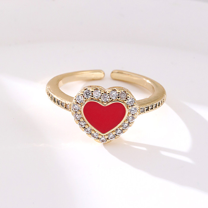 Elegant Lady Heart Shape Copper Enamel Inlay Zircon Open Rings
