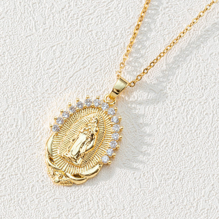 Collar con colgante de circonita chapado en oro y cobre ovalado con luna de moda, 1 pieza