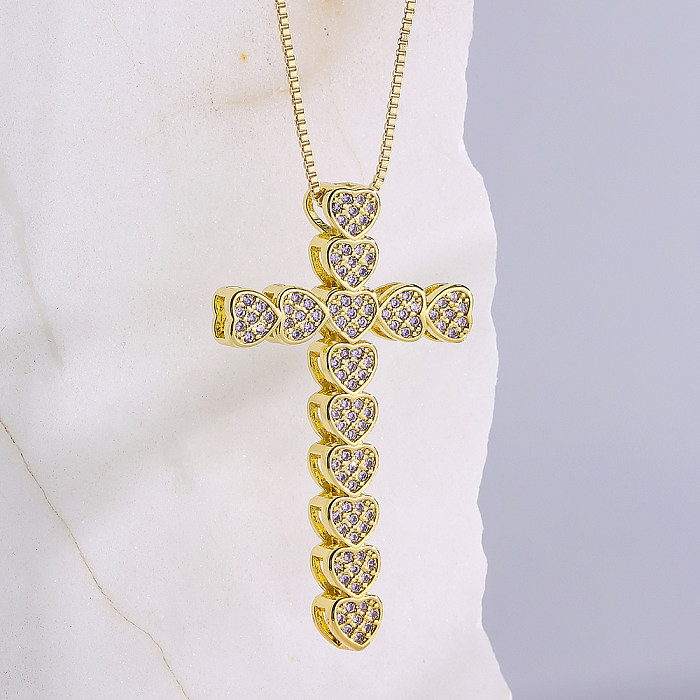 Fashion Cross Heart Shape Copper Plating Zircon Pendant Necklace 1 Piece