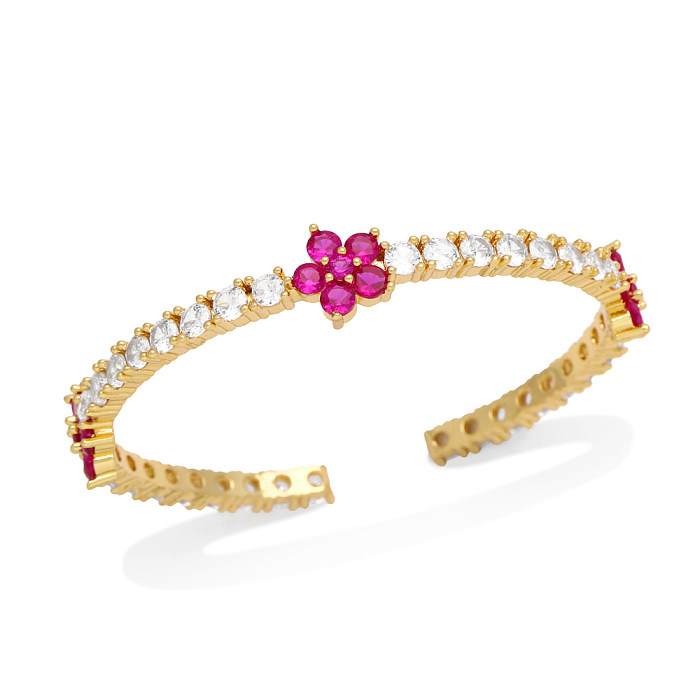 Elegant Flower Copper Plating Inlay Zircon 18K Gold Plated Bangle