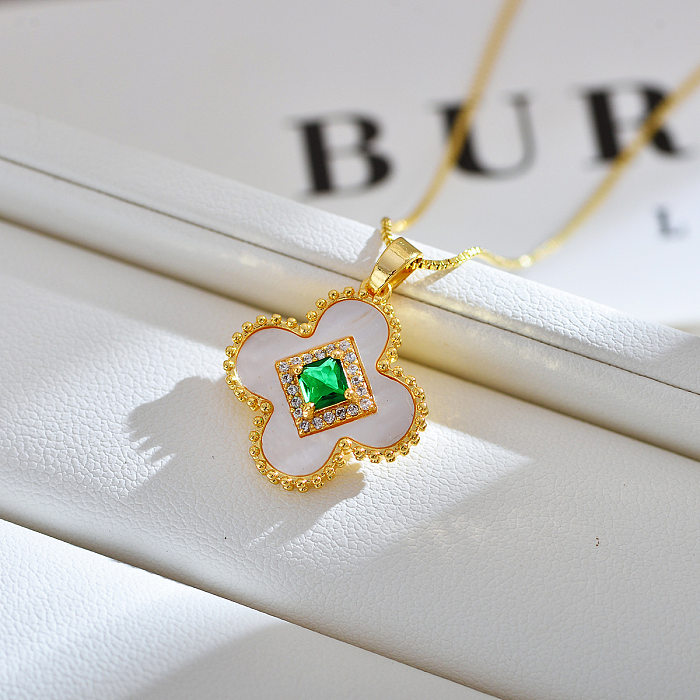Simple Style Four Leaf Clover Copper Zircon Pendant Necklace In Bulk