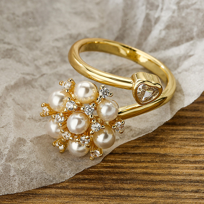 Elegant Glam Star Flower Copper Plating Inlay Artificial Pearls Zircon 18K Gold Plated Open Ring