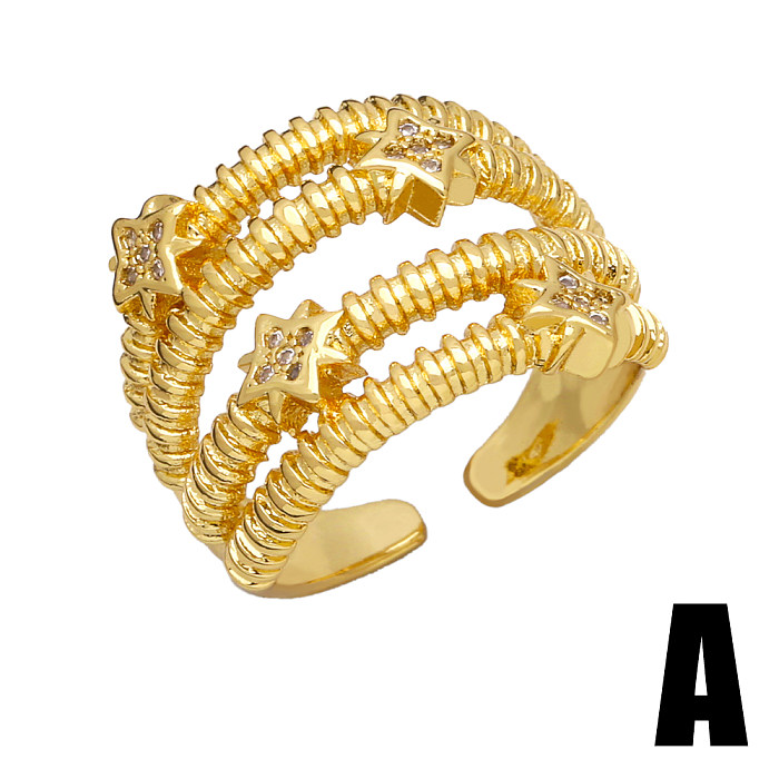 Anillos abiertos chapados en oro de 18K con circonita de perlas artificiales con incrustaciones de cobre de ondas de estilo simple