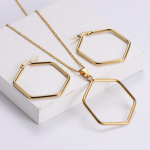 Conjunto de pendientes y collar hexagonales de acero inoxidable brillante coreano al por mayor