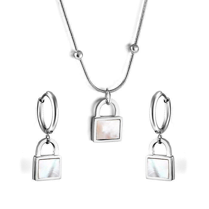 IG Style Leaf Square Lock Stainless Steel Plating Inlay Shell Earrings Necklace
