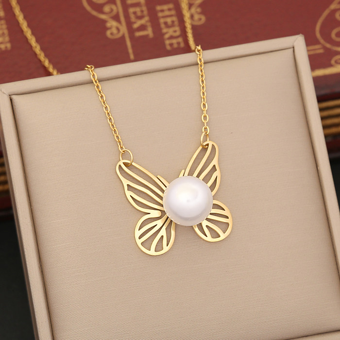Commute Butterfly Stainless Steel Inlay Artificial Pearls Bracelets Earrings Necklace