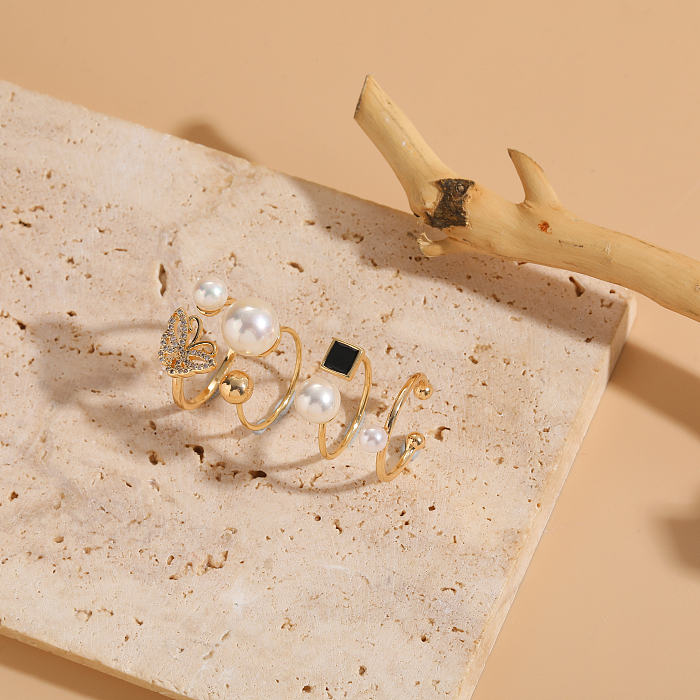 Elegante retro quadrado borboleta imitação pérola cobre esmalte chapeamento incrustação zircão 14k banhado a ouro anéis abertos