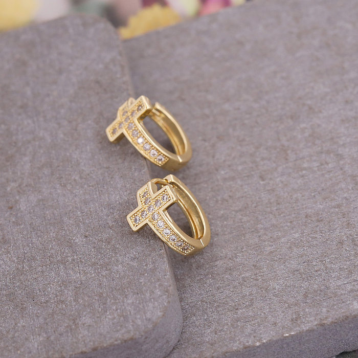 Copper Micro Diamond Cross Earrings Small Moon Earrings 18K Gold Earrings