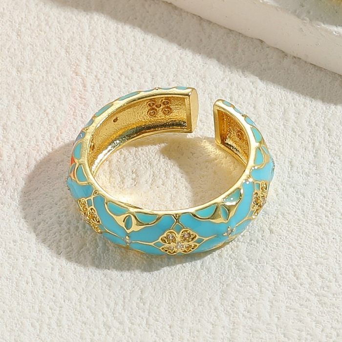 Elegante estilo clássico flor cobre esmalte chapeamento incrustado zircão 14K anéis abertos banhados a ouro