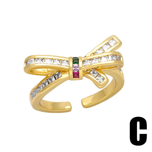 Simple Style Streetwear Bow Knot Copper Plating Inlay Zircon 18K Gold Plated Open Rings