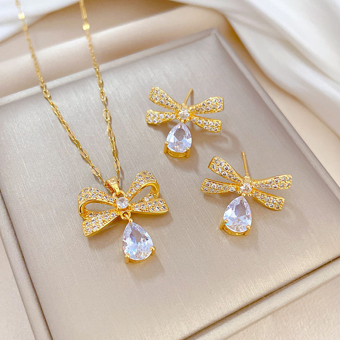 Elegant Glam Water Droplets Bow Knot Titanium Steel Copper Plating Inlay Rhinestones Gold Plated Earrings Necklace
