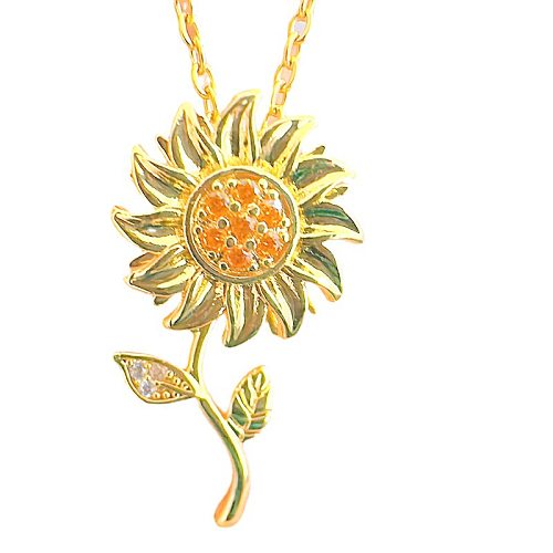 Elegant Sunflower Copper Plating Inlay Zircon 18K Gold Plated Pendant Necklace