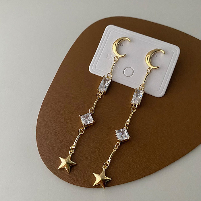 1 Pair Simple Style Star Moon Tassel Plating Inlay Copper Zircon Drop Earrings