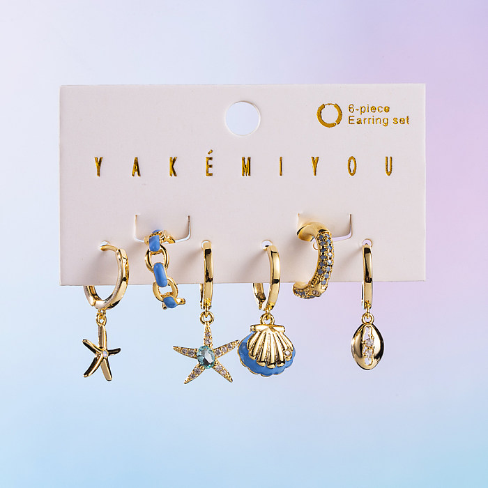 Yakemiyou Sweet Starfish Heart Shape Bow Knot Copper Asymmetrical Artificial Pearls Zircon 14K Gold Plated Earrings
