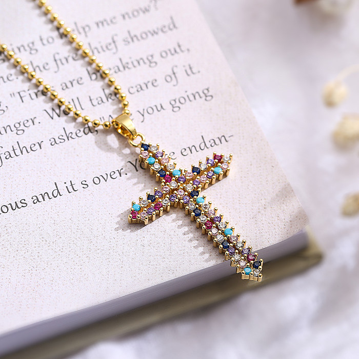 Modern Style Cross Copper Plating Inlay Zircon 18K Gold Plated Pendant Necklace