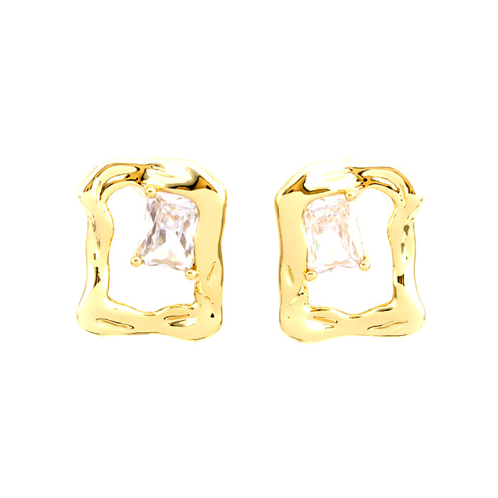 1 Pair Simple Style Commute Irregular Square Plating Inlay Copper Zircon 18K Gold Plated Earrings