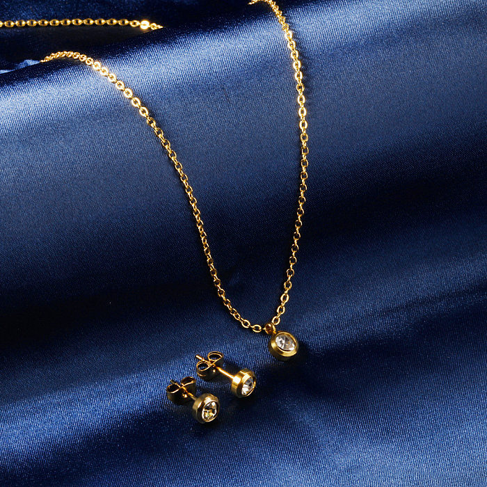 Conjunto de joias de zircão com strass redondo de aço inoxidável de estilo simples por atacado