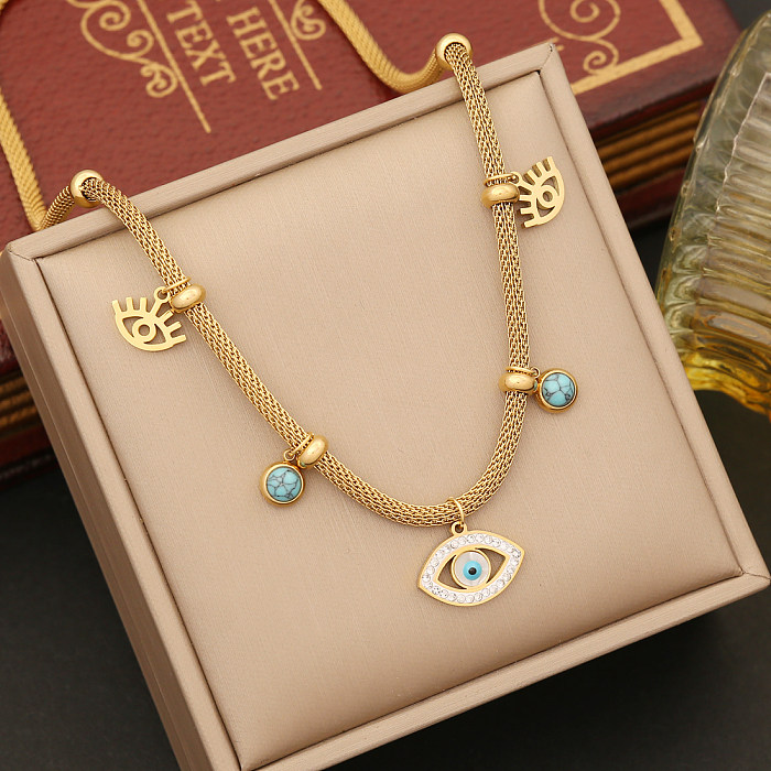 Retro Bohemian Eye Stainless Steel Plating Inlay Artificial Diamond Turquoise Bracelets Earrings Necklace