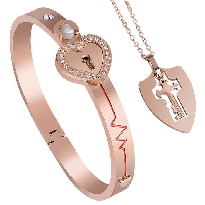 IG Style Style moderne forme de coeur clé titane acier incrustation strass Bracelets collier