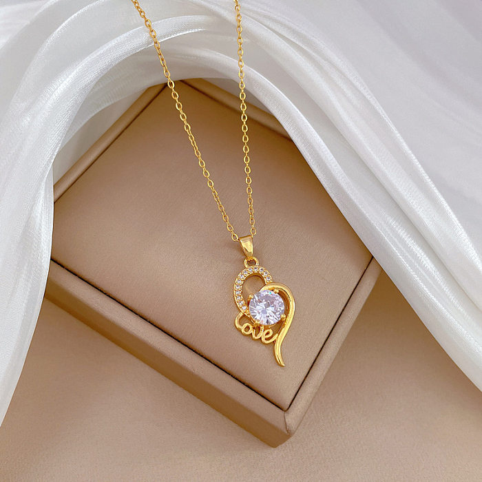 Estilo moderno estilo simples comute coração forma titânio aço cobre chapeamento inlay zircão banhado a ouro pingente colar