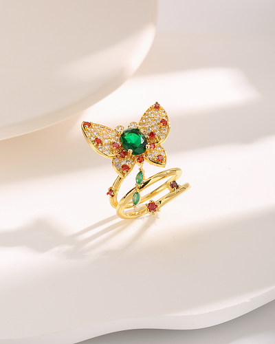 Elegante estilo vintage borboleta chapeamento de cobre embutimento zircão 18K anéis abertos banhados a ouro