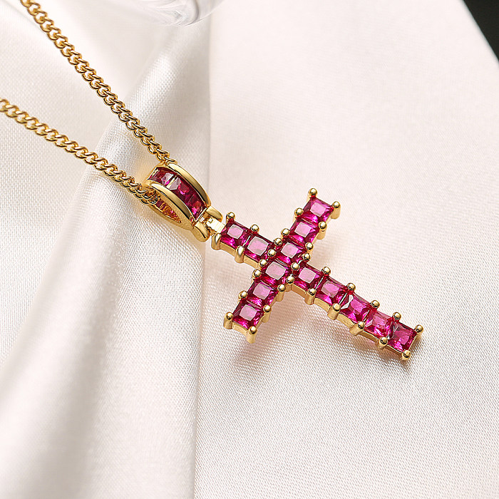 INS Style Cross Copper Plating Inlay Zircon 18K Gold Plated Pendant Necklace