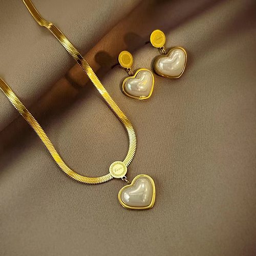 Collar de pendientes chapados en acero de titanio con forma de corazón a la moda, 1 pieza, 1 par