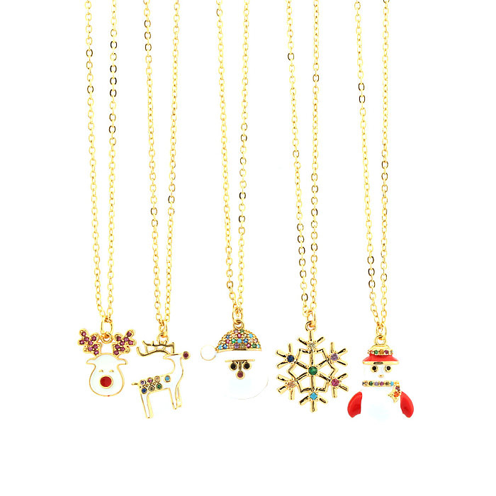IG Style Cartoon Style Santa Claus Snowflake Elk Copper Enamel Plating Inlay Zircon 18K Gold Plated Pendant Necklace
