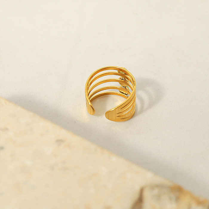 Retro Round Titanium Steel Plating Inlay Natural Stone 18K Gold Plated Wide Band Ring