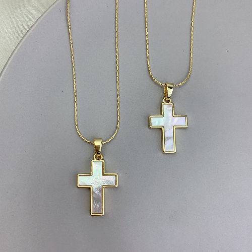 Fashion Cross Copper Inlaid Shell Necklace