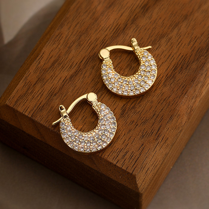 1 paire de boucles d'oreilles élégantes en cuivre et Zircon, plaqué or 18 carats, avec incrustation géométrique