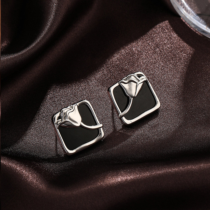 1 Paar Ohrstecker im modernen, schlichten Stil, quadratisch, mit Rose-Beschichtung, Inlay, Kupferschale, versilbert